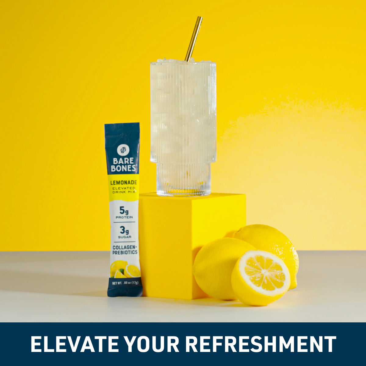 Bare Bones lemonade glass close-up emphasizes crisp, refreshing flavor