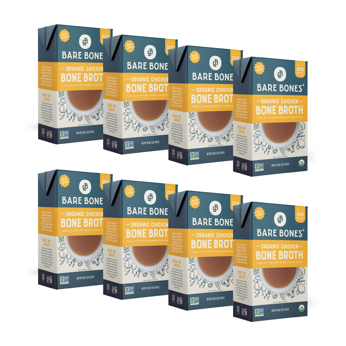 Bare Bones organic chicken bone broth pour in ready-to-use carton, convenient and protein-rich