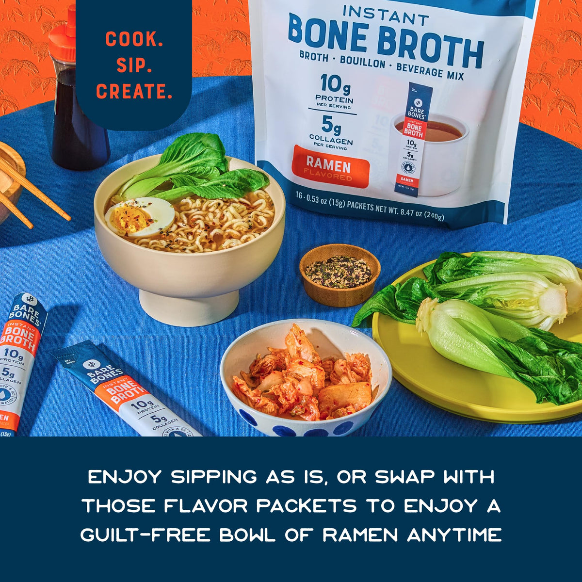 Bare Bones ramen bone broth cup with steam for a comforting, ready-to-sip moment.