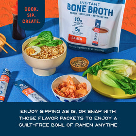 Bare Bones ramen bone broth cup with steam for a comforting, ready-to-sip moment.