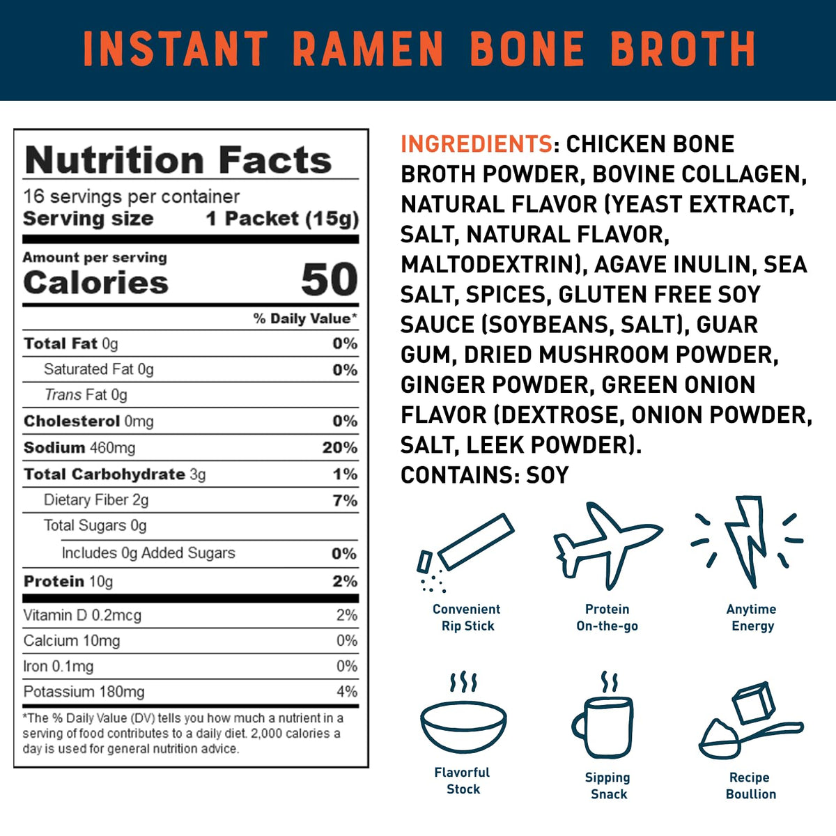 Bare Bones ramen bone broth packet back label detailing ingredients and quick nutrition.