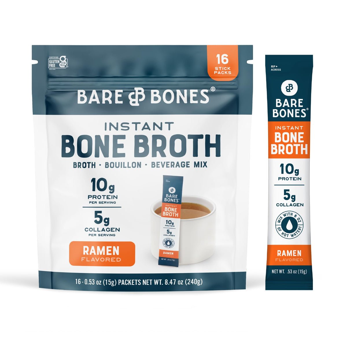 Bare Bones ramen bone broth packet front view highlighting on-the-go flavor and convenience.