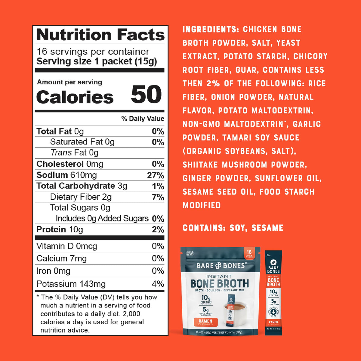 Bare Bones ramen bone broth packets in travel-friendly bag for on-the-go meals.