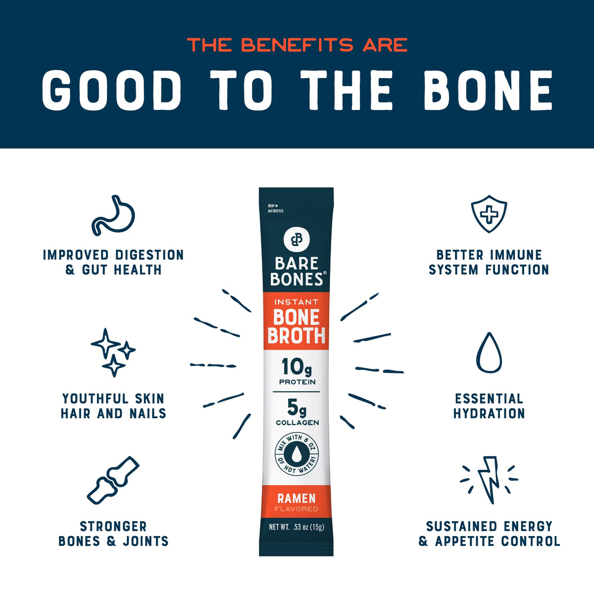Bare Bones ramen bone broth stick packet being stirred into hot water for a quick boost.