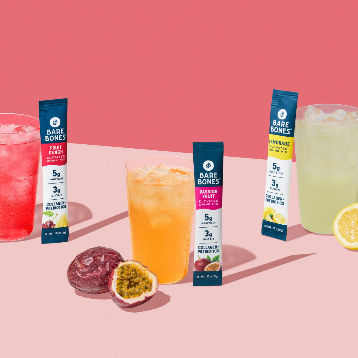 Bare Bones workout-ready hydration with stick pack and water bottle