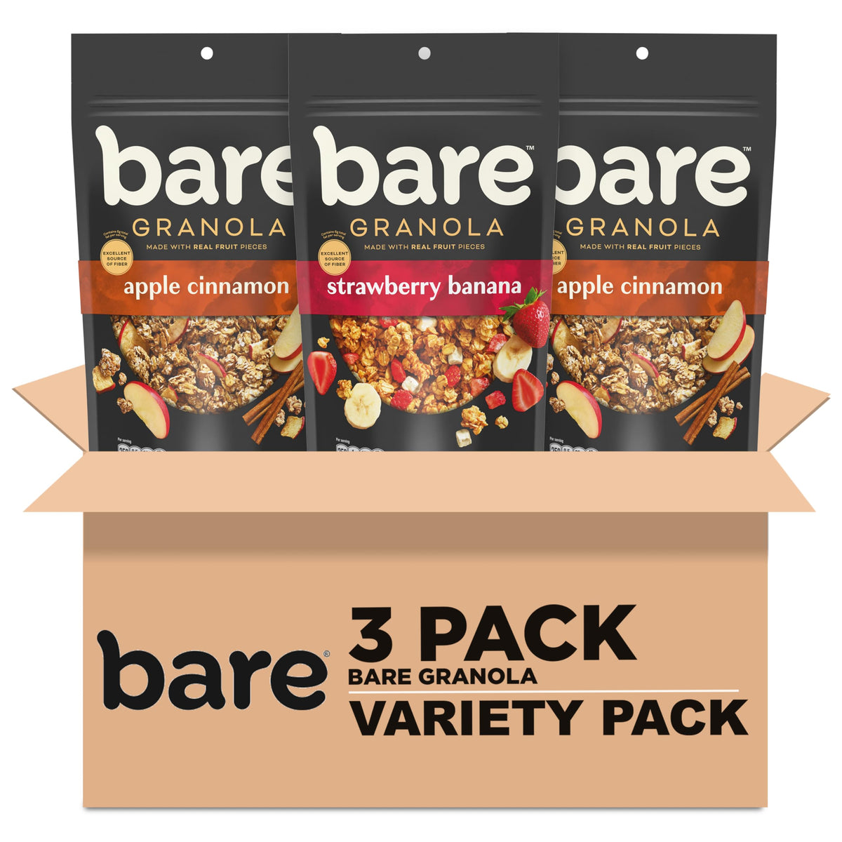 Bare Granola Cereal Variety Pack front view showing three bags for breakfast options