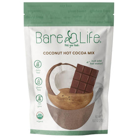 Bare Life Coconut Hot Cocoa pouch front view highlighting five simple ingredients for a dairy-free treat