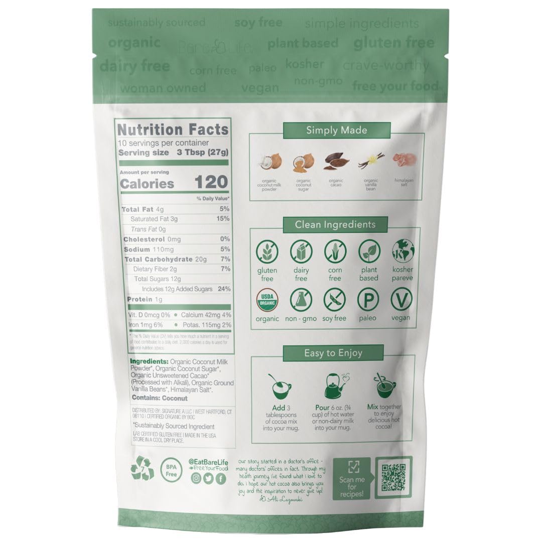 Bare Life Coconut Hot Cocoa pouch label showing organic and allergen-friendly options