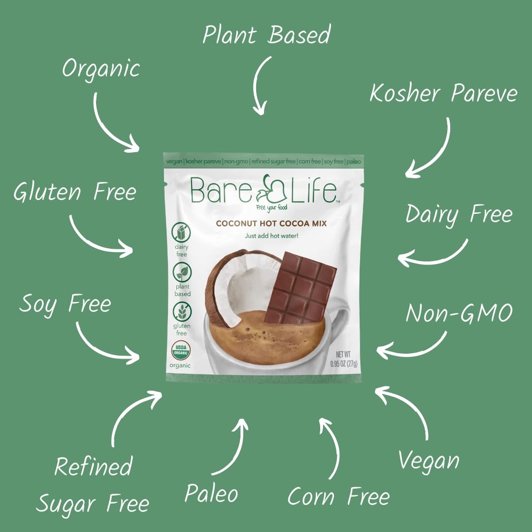 Bare Life coconut hot cocoa sachet ideal for quick, single-serving indulgence.