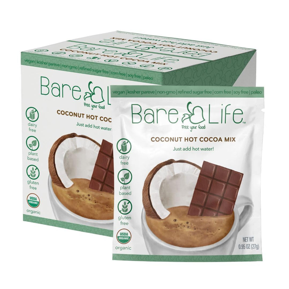 Bare Life coconut hot cocoa mix packaging highlights eco-friendly packaging and clean ingredients.