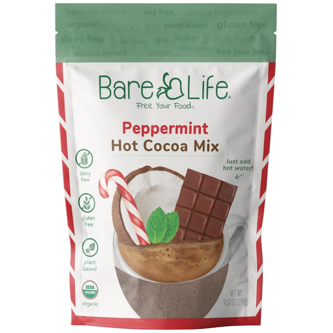 Bare Life Peppermint Hot Cocoa Mix pouch ready for quick, dairy-free indulgence.