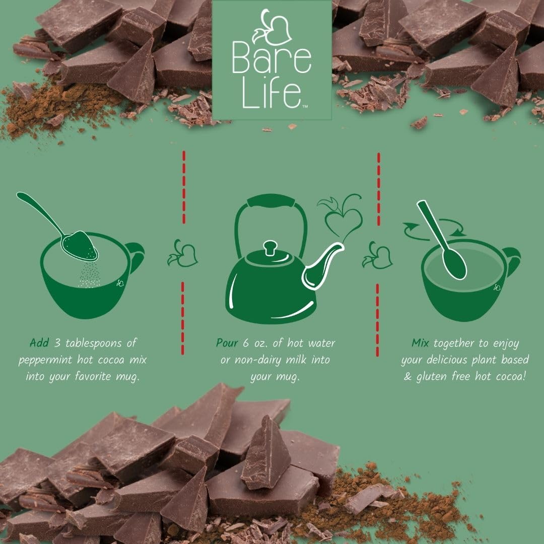 Bare Life scoop with cocoa powder for easy measuring and mix-in.