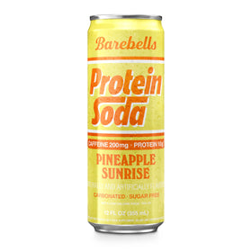 Barebells Protein Soda Pineapple Sunrise glass captures refreshing on-the-go ritual.