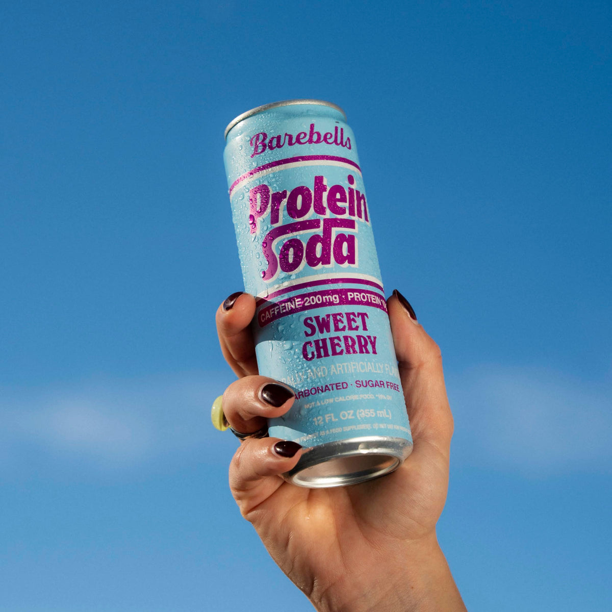 Barebells protein soda sweet cherry can chilled for a refreshing serving.