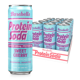 Barebells protein soda sweet cherry can showcasing 10g protein and caffeine boost.