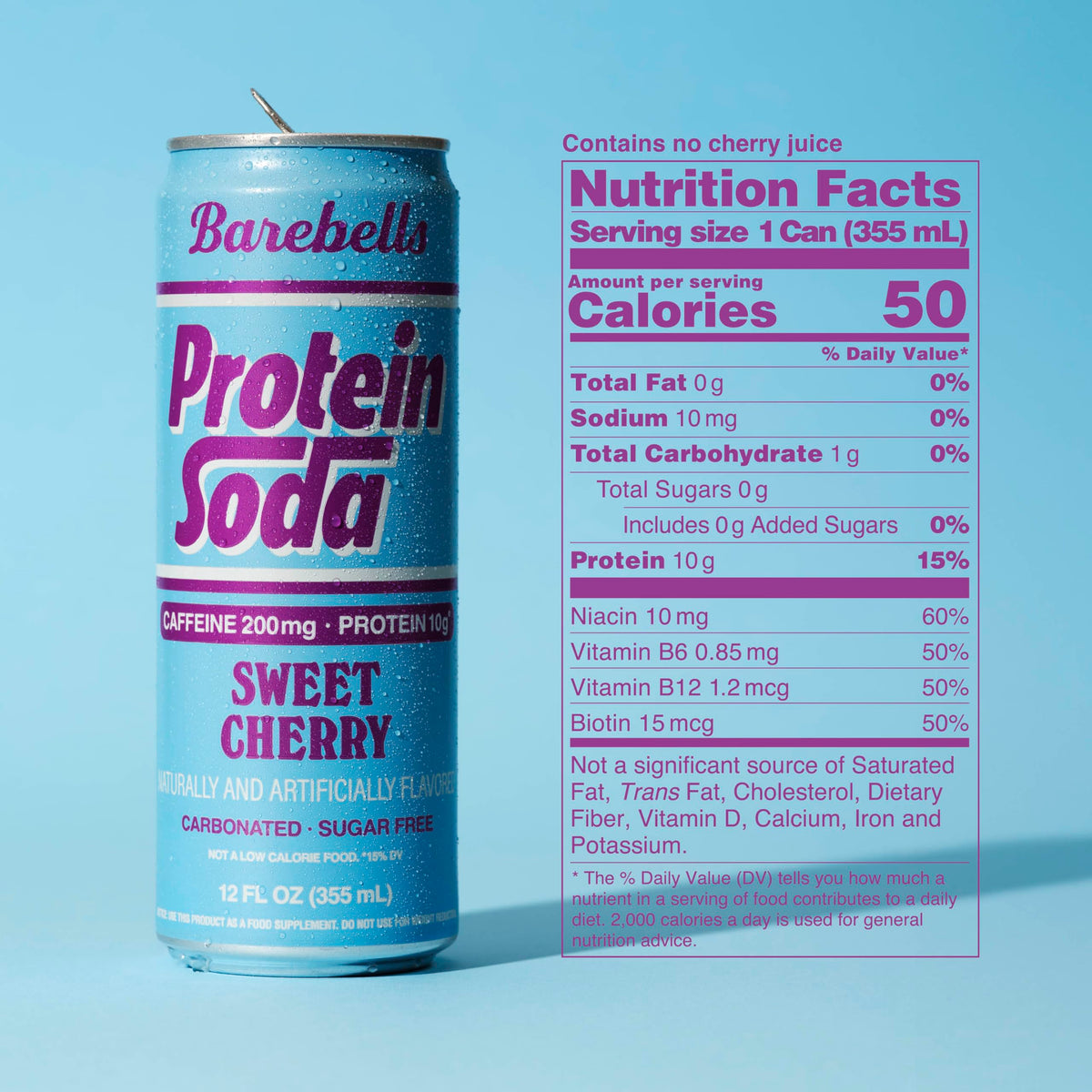 Barebells protein soda sweet cherry label closeup highlighting no added sugar.