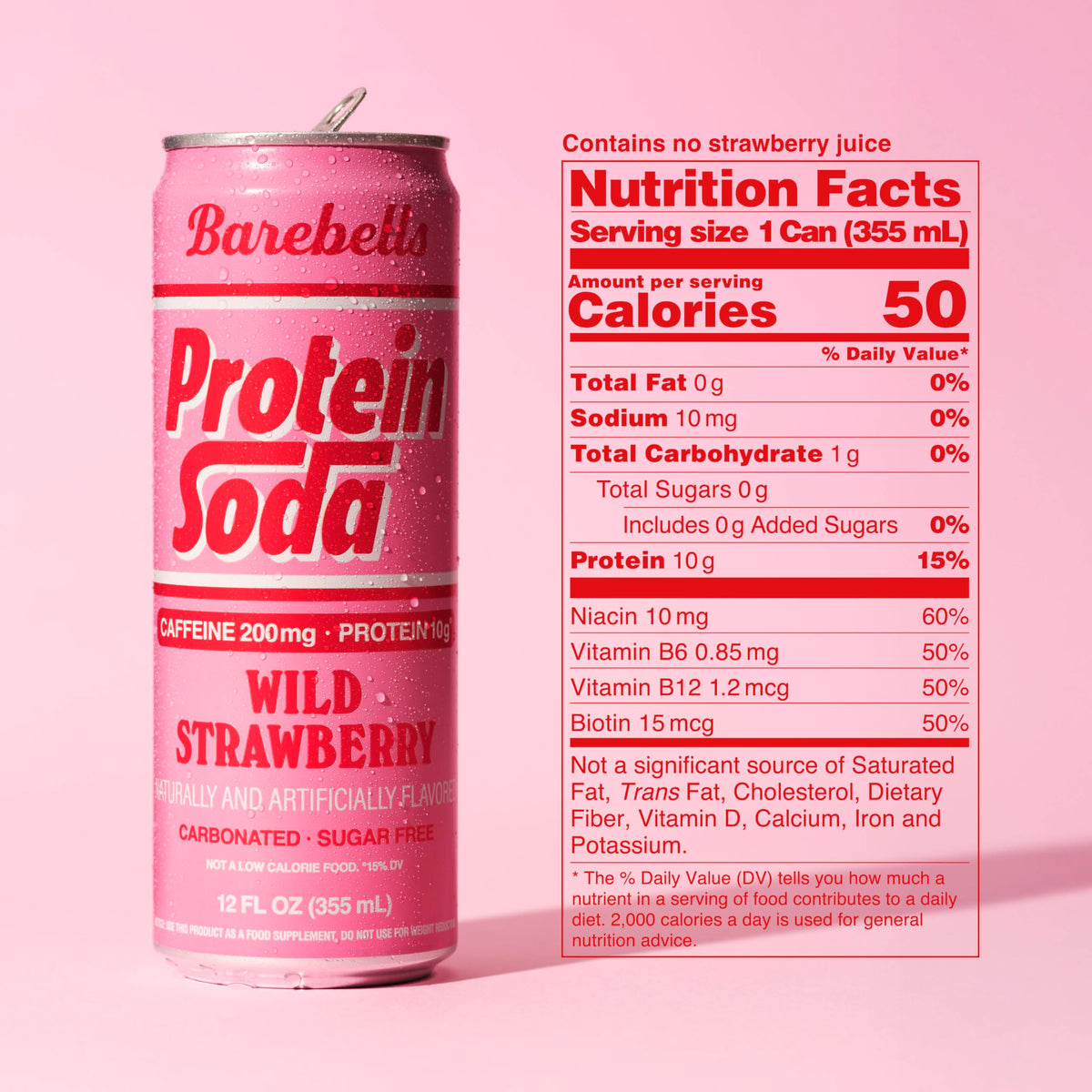Barebells Protein Soda Wild Strawberry close-up with bright fizz and aroma
