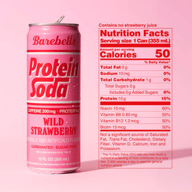 Barebells Protein Soda Wild Strawberry close-up with bright fizz and aroma