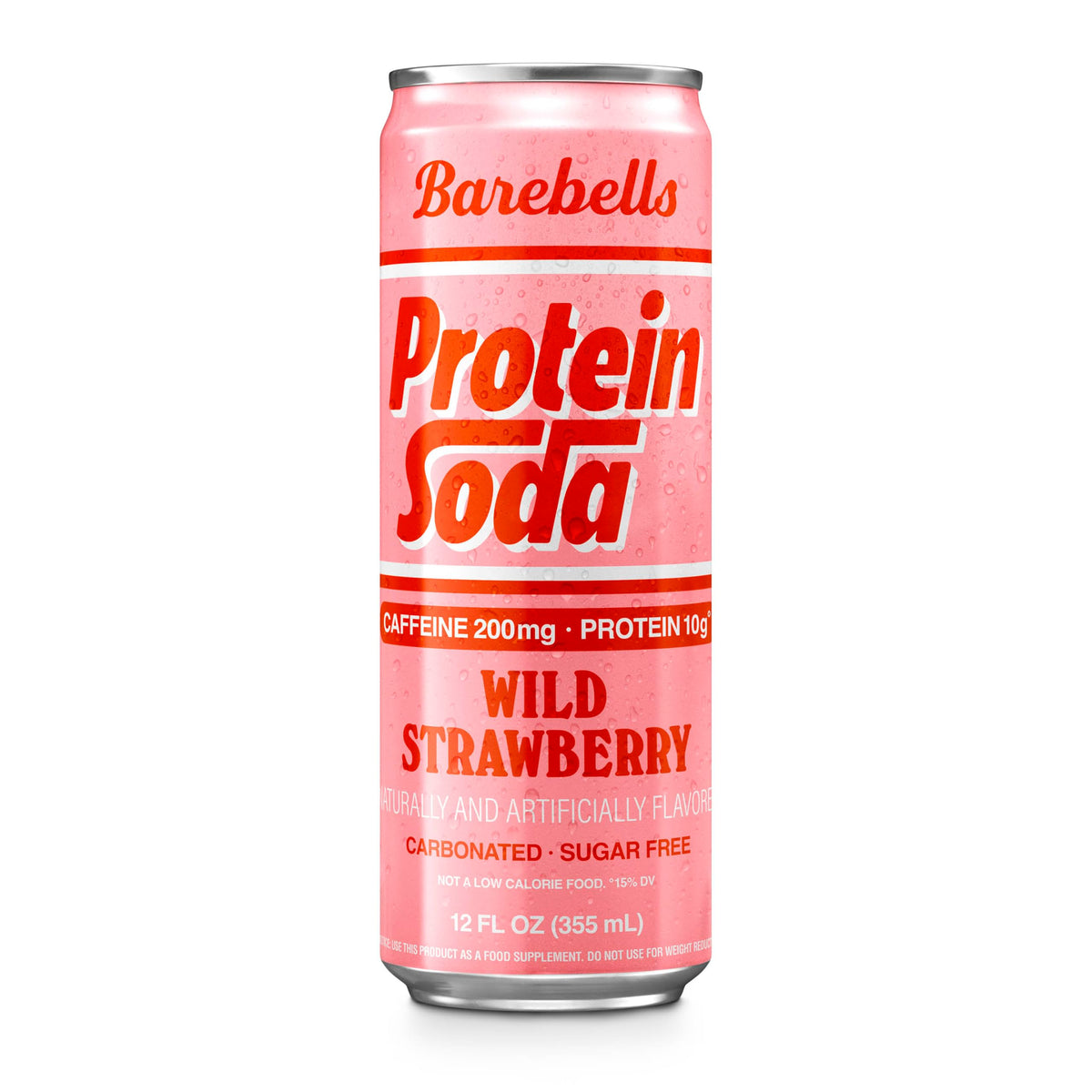 Glass of Barebells Protein Soda Wild Strawberry with ice, refreshing and protein-rich