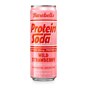 Glass of Barebells Protein Soda Wild Strawberry with ice, refreshing and protein-rich