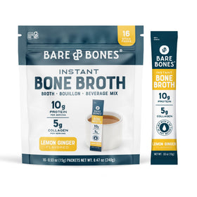 Bare Bones Lemon Ginger Bone Broth Packet – savory on-the-go flavor for quick protein and hydration.
