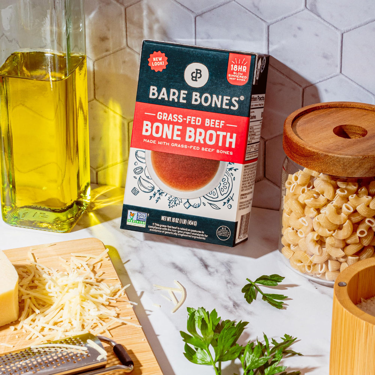 Bare Bones packaging with twist-cap spout for easy pouring and storage