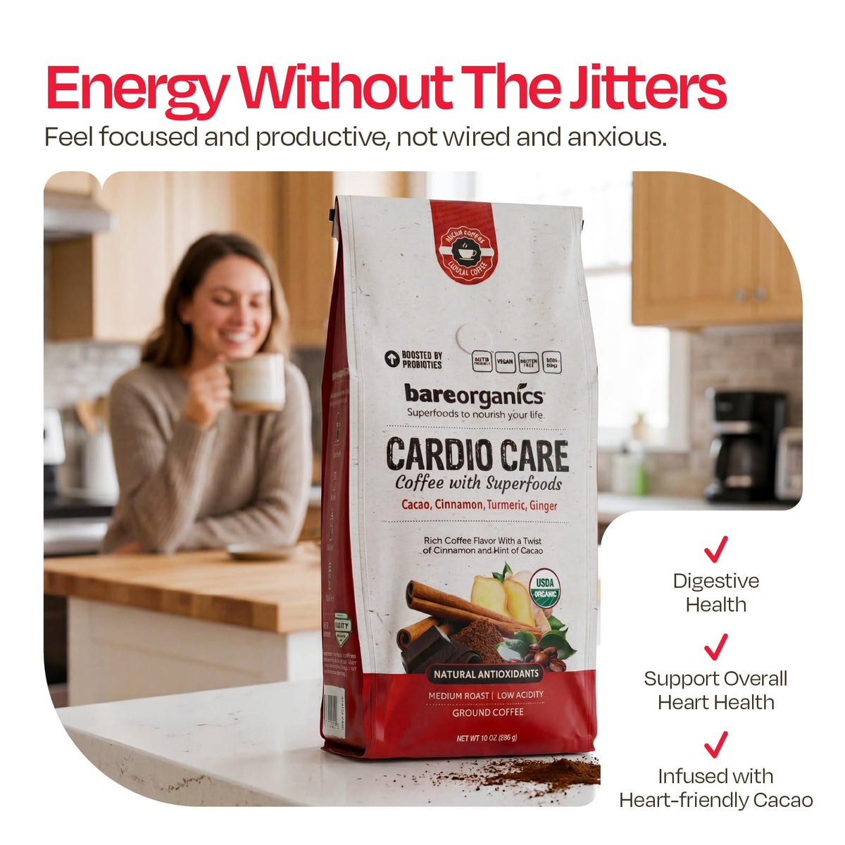 BareOrganics Cardio Care Coffee brew pour in glass, ideal for a morning ritual.