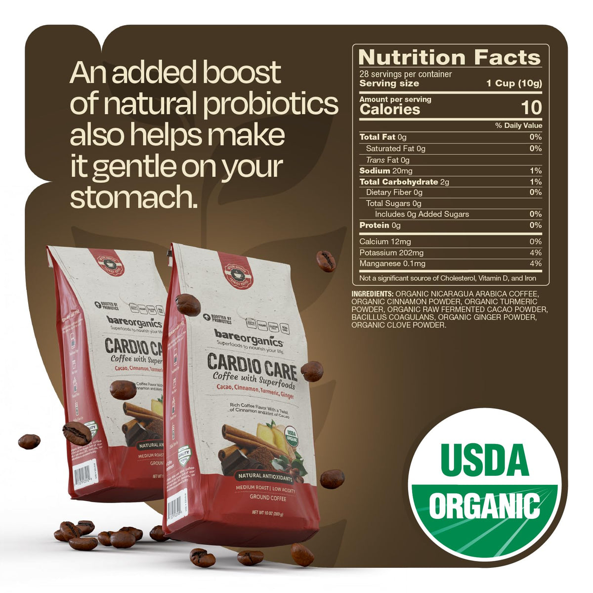 BareOrganics Cardio Care Coffee open bag ready for brewing with cacao and spices.