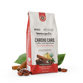 BareOrganics Cardio Care Coffee packaging emphasizes organic quality and freshness.