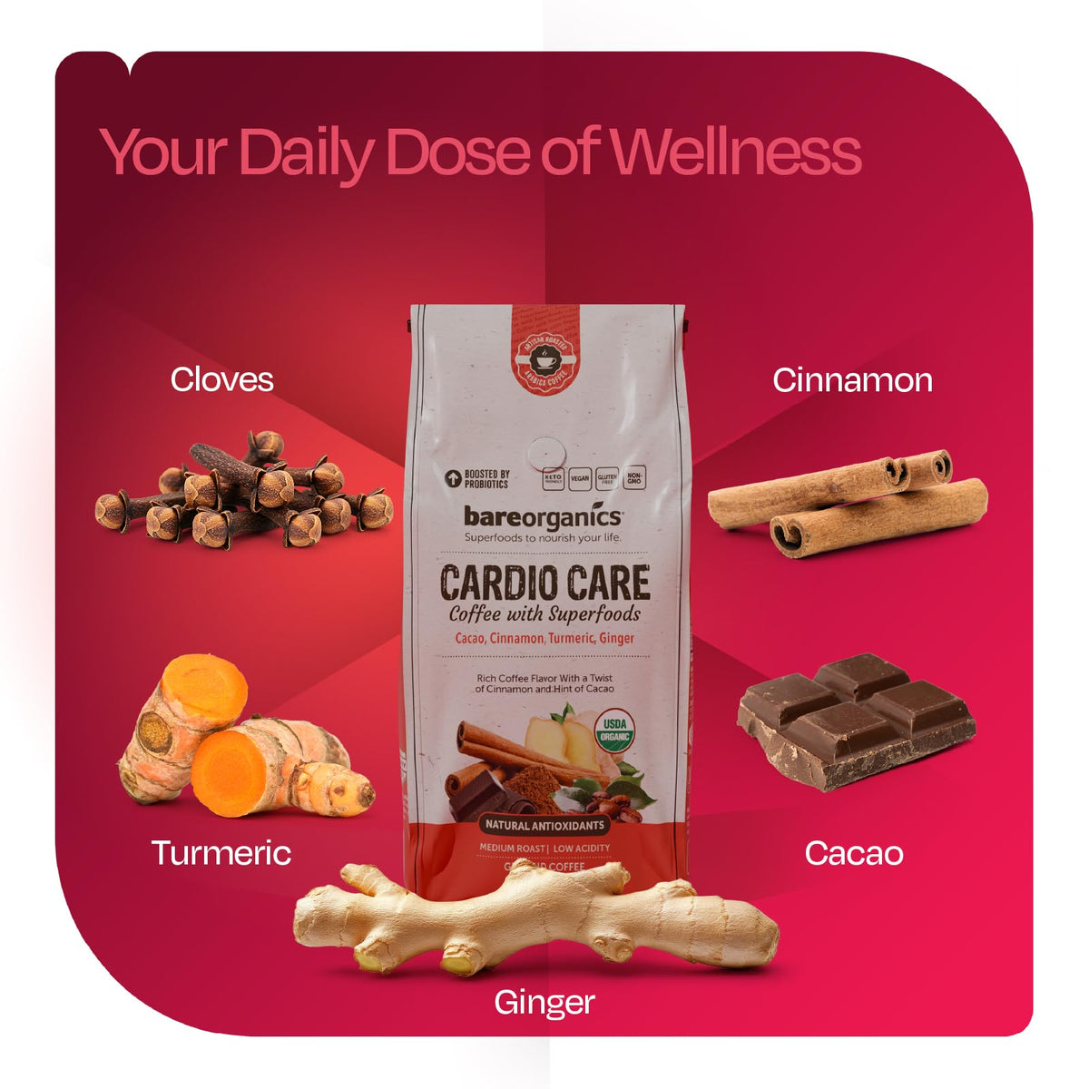 BareOrganics Cardio Care Coffee probiotic element highlights digestive balance potential.
