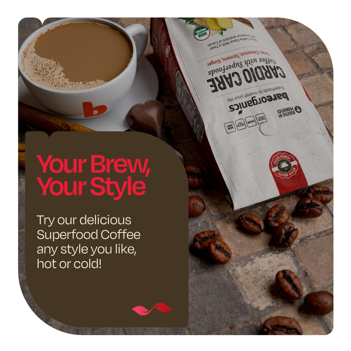 BareOrganics Cardio Care Coffee turmeric ginger blend adds warm spice notes for flavor.