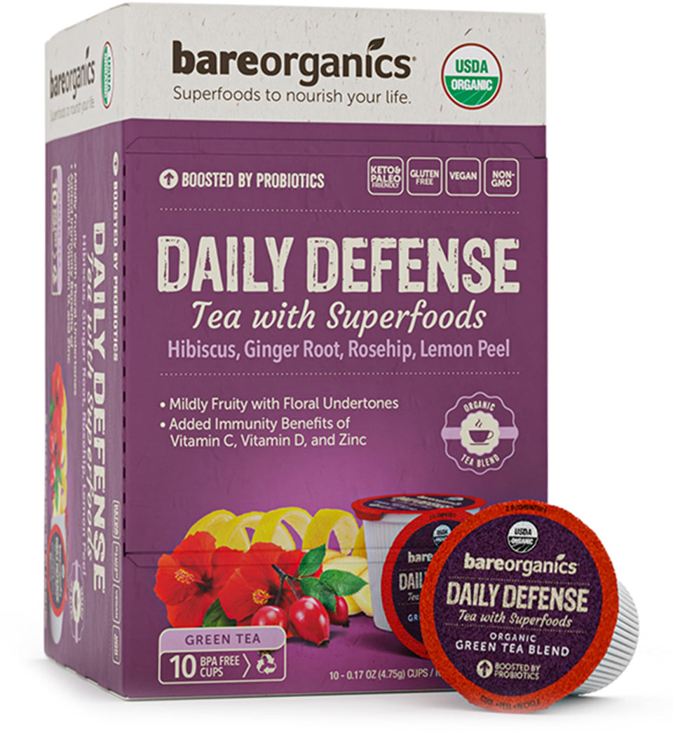 BareOrganics Daily Defence Tea pods in a pack for convenient daily brewing and flavor.