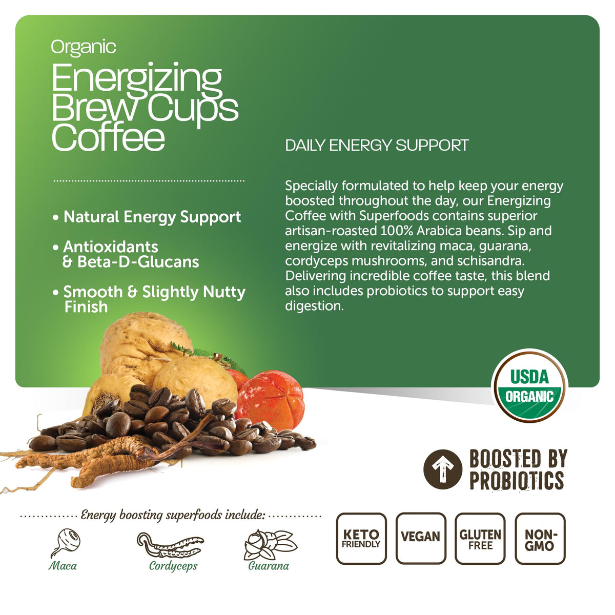 BareOrganics Energy cup being brewed, fast on-the-go energy with probiotic support.