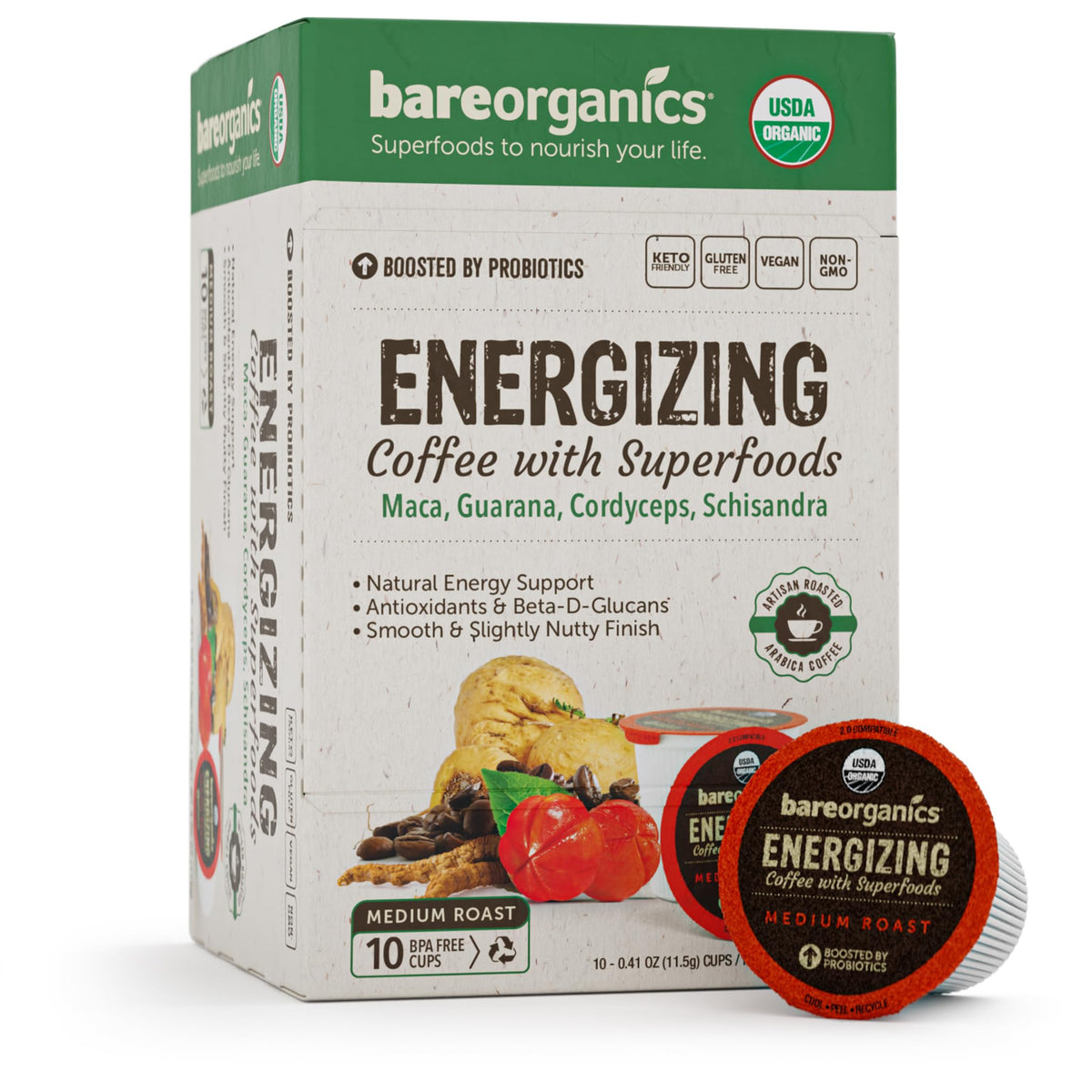 BareOrganics Energy coffee pods pack, convenient eco-friendly energy for mornings.