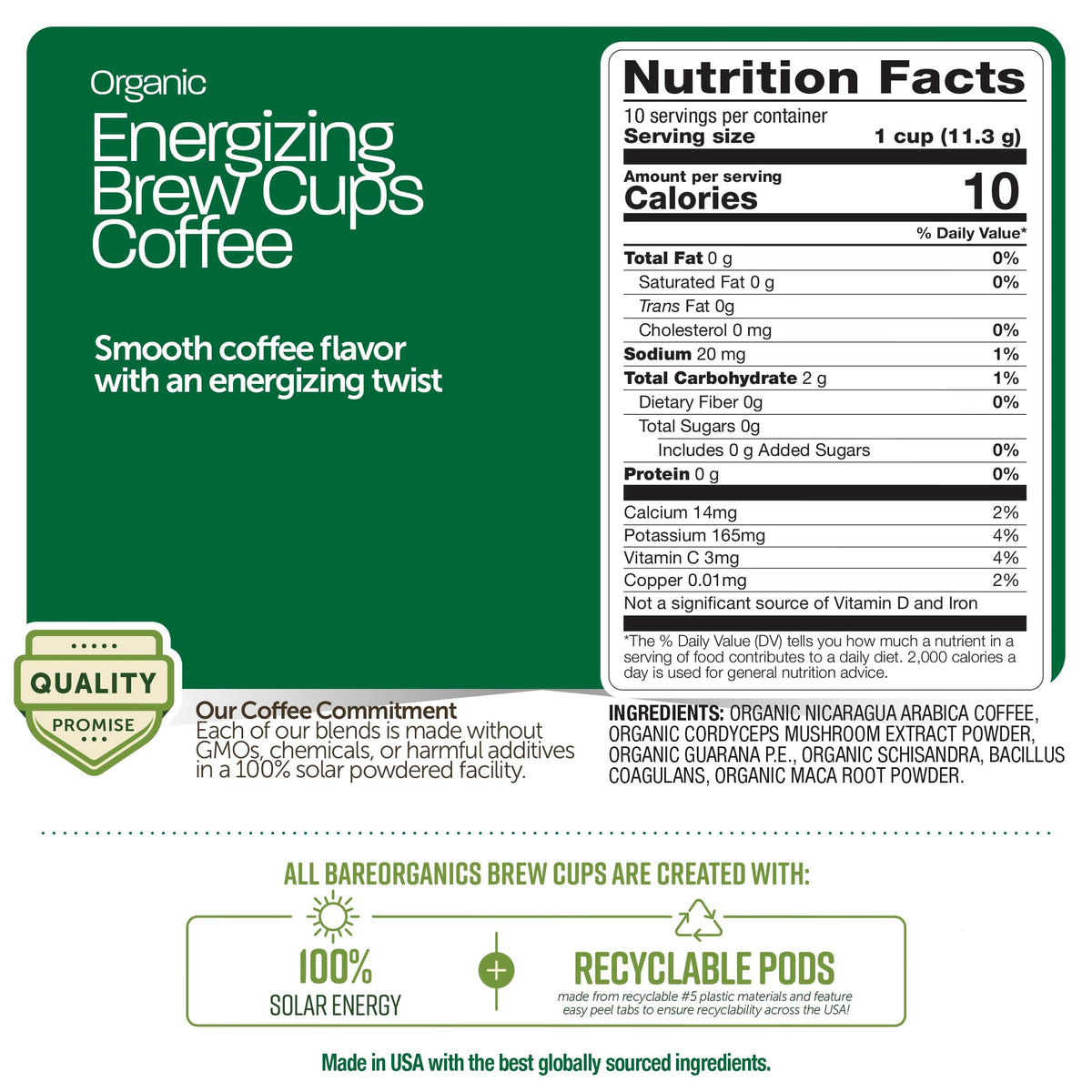 BareOrganics Energy probiotic-infused coffee label, combines wellness with taste.