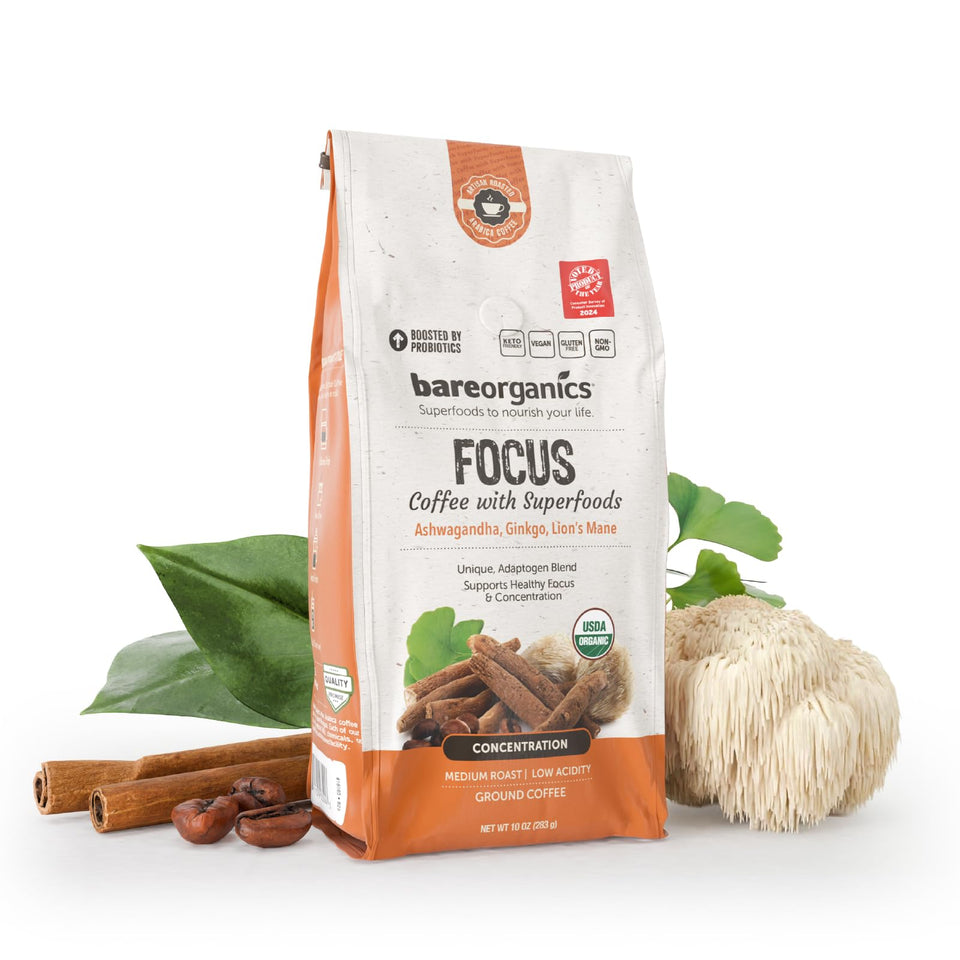 BareOrganics Focus Coffee front label with USDA Organic badge, ideal for a focused morning.