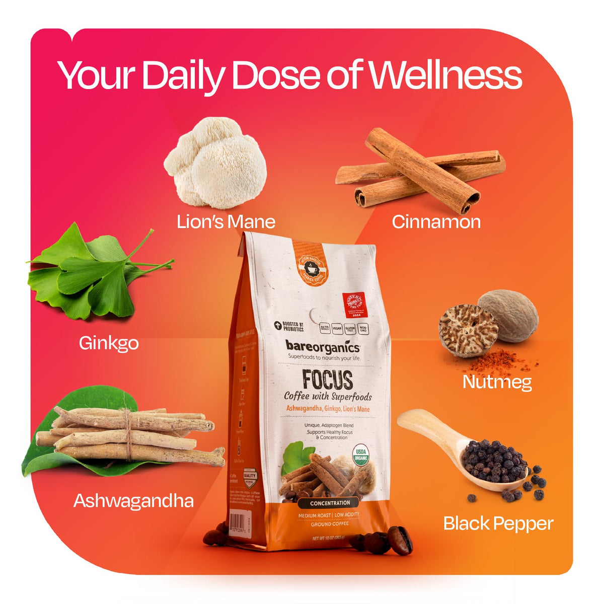 BareOrganics Focus Coffee cinnamon and nutmeg aroma evokes warming flavor.