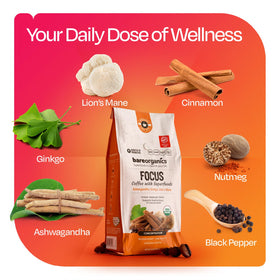 BareOrganics Focus Coffee cinnamon and nutmeg aroma evokes warming flavor.