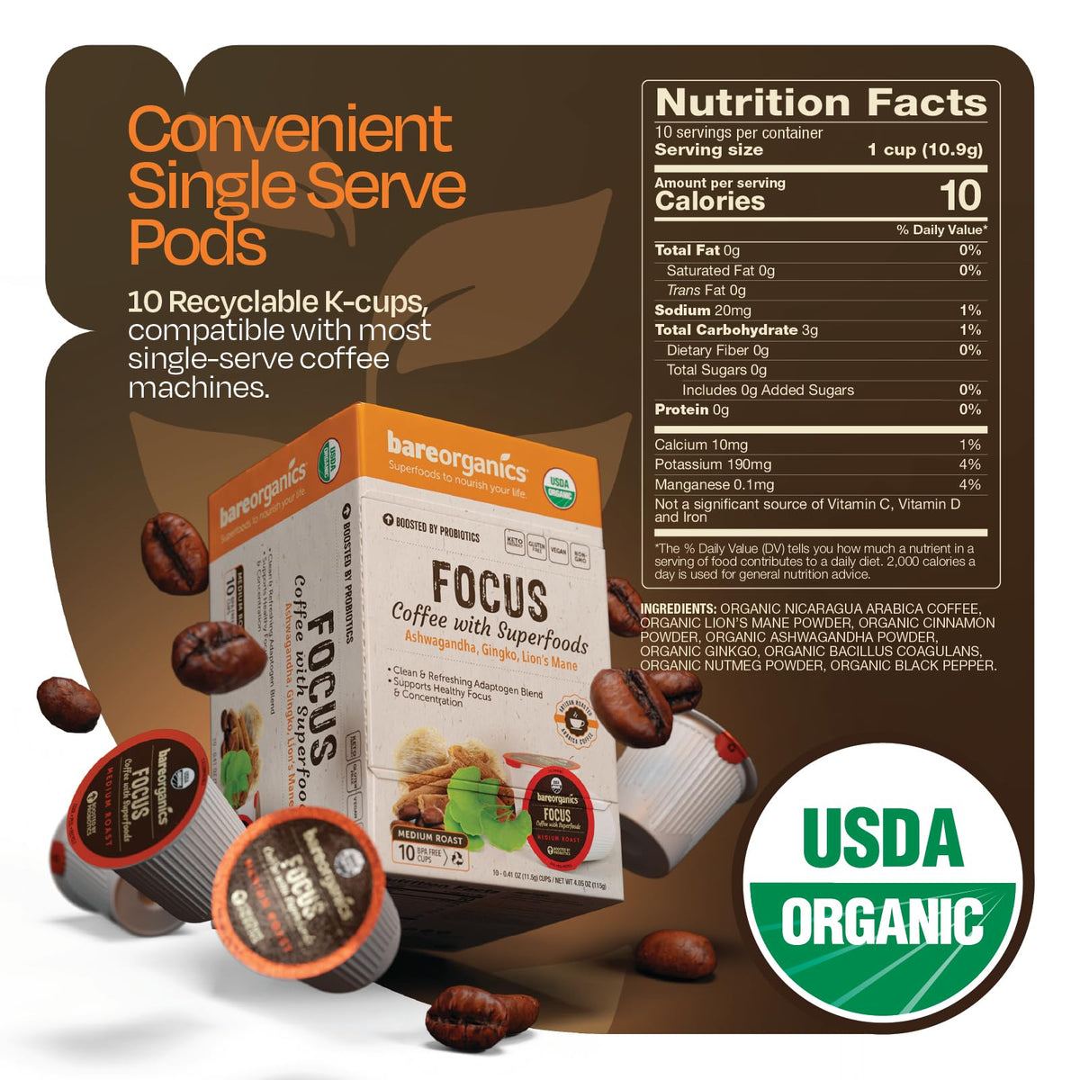 BareOrganics Focus Coffee cup steaming demonstrates a smooth, aroma-rich wake-up ritual.