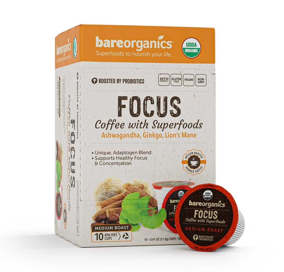 BareOrganics Focus Coffee K-Cup packaging highlights eco-friendly, fair-trade beans.