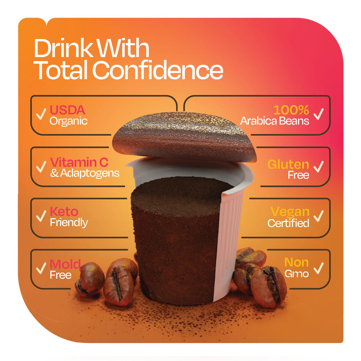 BareOrganics Focus Coffee probiotic bottle emphasizes digestion-friendly probiotic infusion.