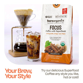 BareOrganics Focus Coffee probiotic label close-up signaling digestive support.