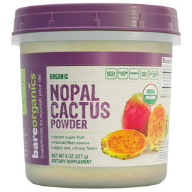 BareOrganics Nopal Cactus Powder bottle shows nutrient-rich cactus for smoothies.