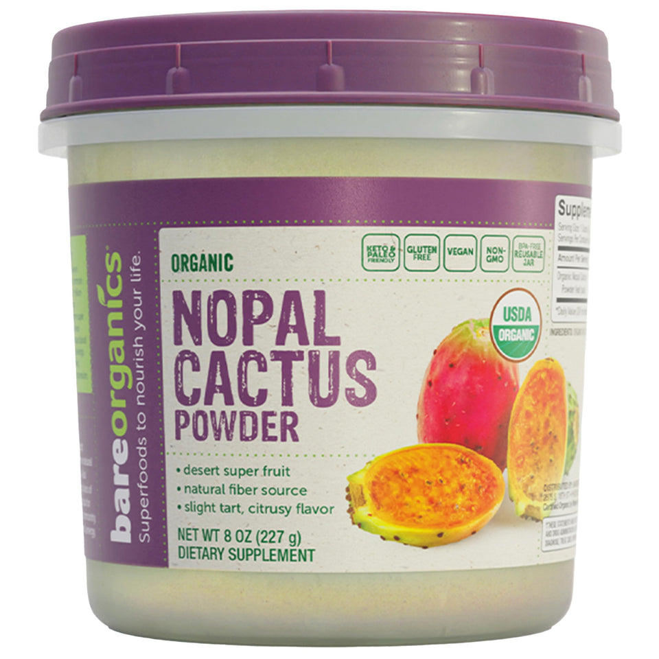 BareOrganics Nopal Cactus Powder bottle shows nutrient-rich cactus for smoothies.