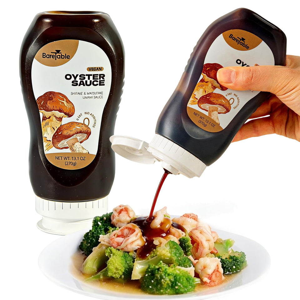 BareTable Oyster Sauce bottle front, highlighting plant-based umami for cooking.