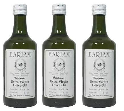 Bariani California Extra Virgin Olive Oil, 3x half-liter bottle, enhances salads and finishing dishes.