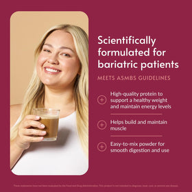 Bariatric Advantage Iced Latte tub back view highlighting 27 g whey protein isolate per serving