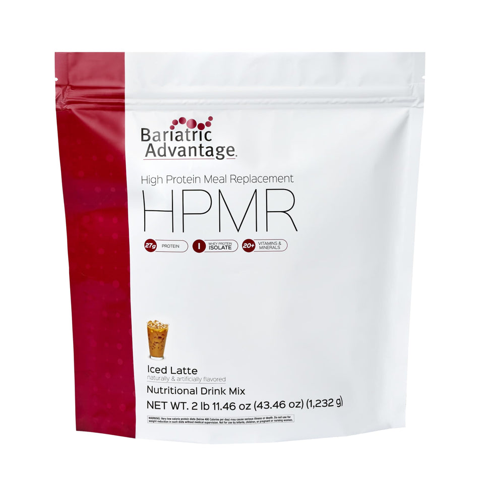 Bariatric Advantage Iced Latte tub front view showing high-protein meal replacement option