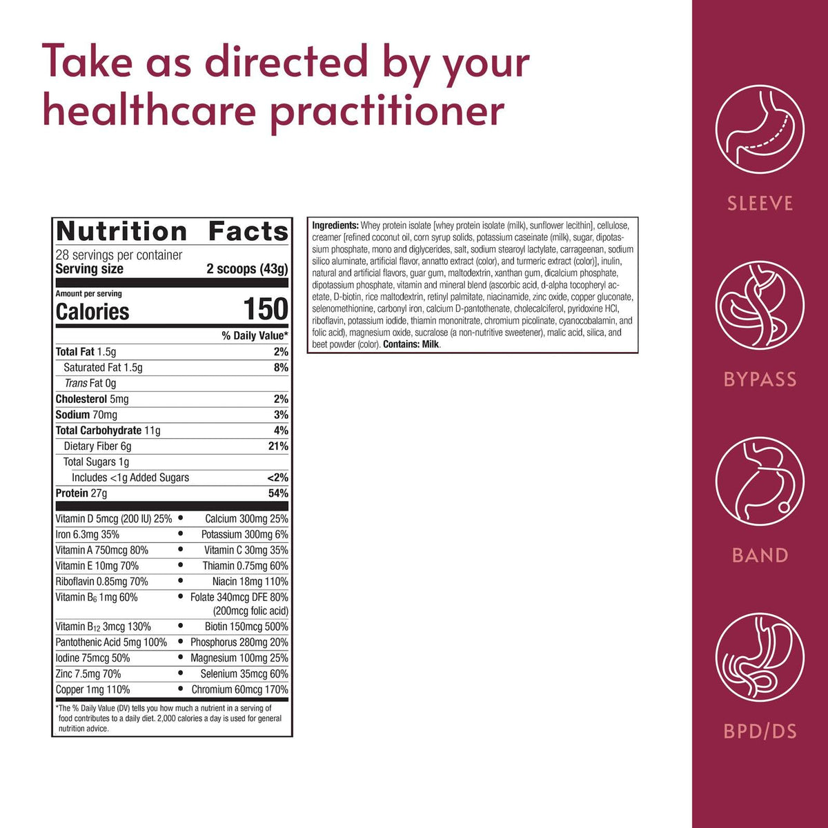 Nutrition label of Bariatric Advantage highlighting essential vitamins and minerals
