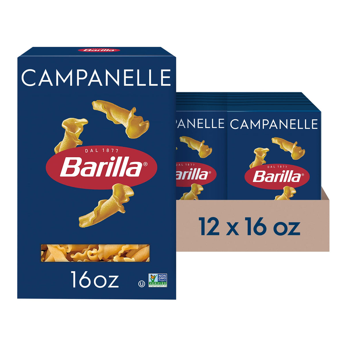 Barilla Campanelle packaging shows twelve-box set for pantry stocking.